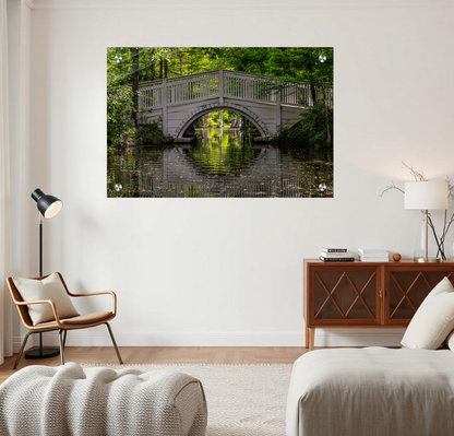 Living room with a large wall art print of a bridge over water. Printed in high quality acrylic.