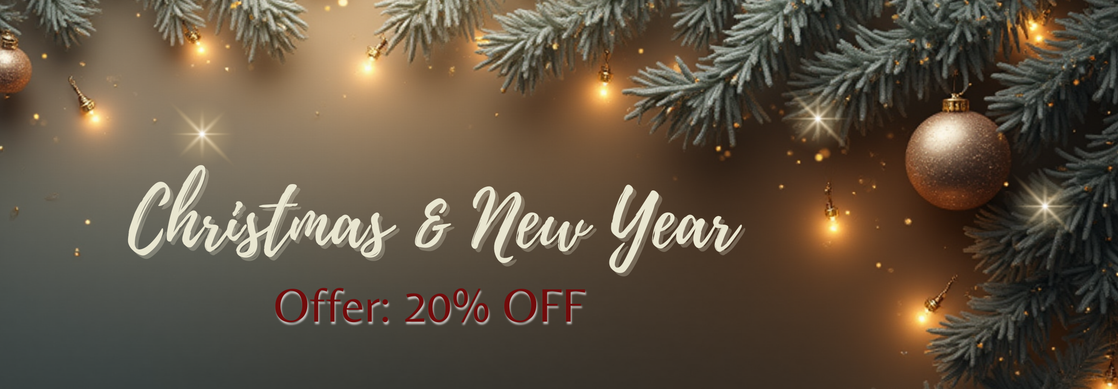 Christmas and New Year sale banner with festive decorations and text on a dark background.