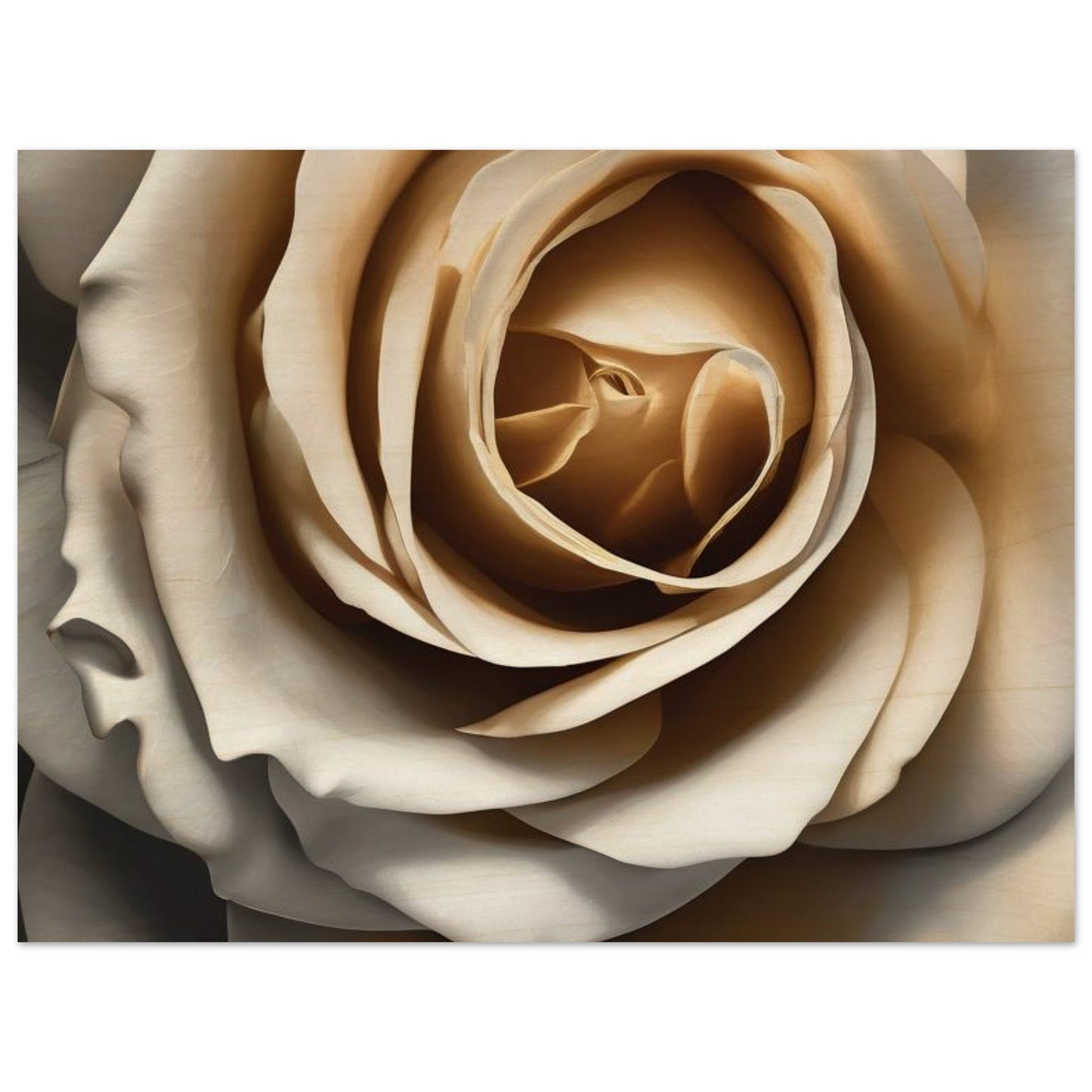 A dramatic but lovely image of a rose, in deep shadows of white and light grey, enhanced with bold light-gold details. Wood.