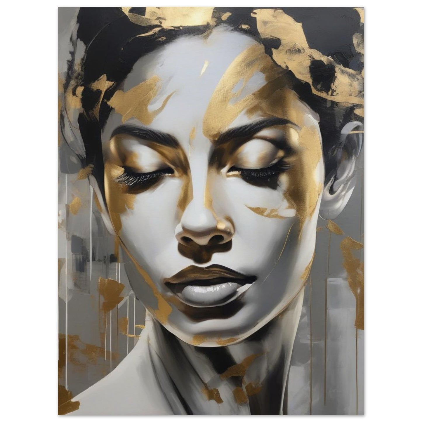 A women portrait in grey tones and shadows, capturing a moment of deep introspection and tranquility. With subtle touches of gold whispers hope and resilience, illuminating the depths of her spirit.
