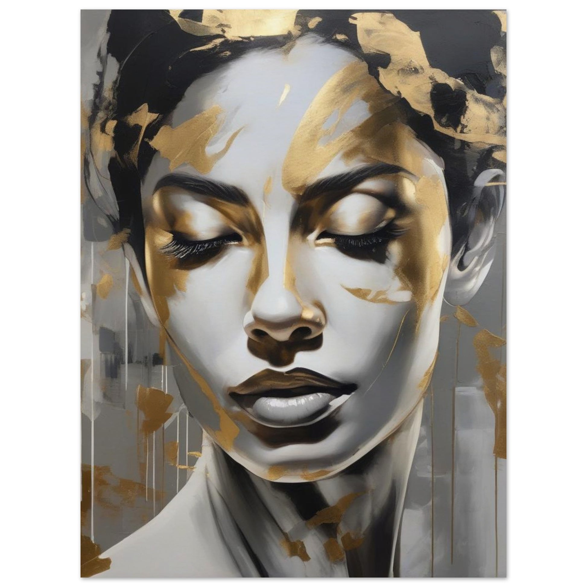 A women portrait in grey tones and shadows, capturing a moment of deep introspection and tranquility. With subtle touches of gold whispers hope and resilience, illuminating the depths of her spirit.
