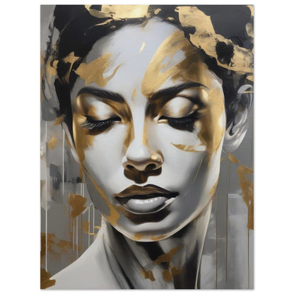 A women portrait in grey tones and shadows, capturing a moment of deep introspection and tranquility. With subtle touches of gold whispers hope and resilience, illuminating the depths of her spirit.