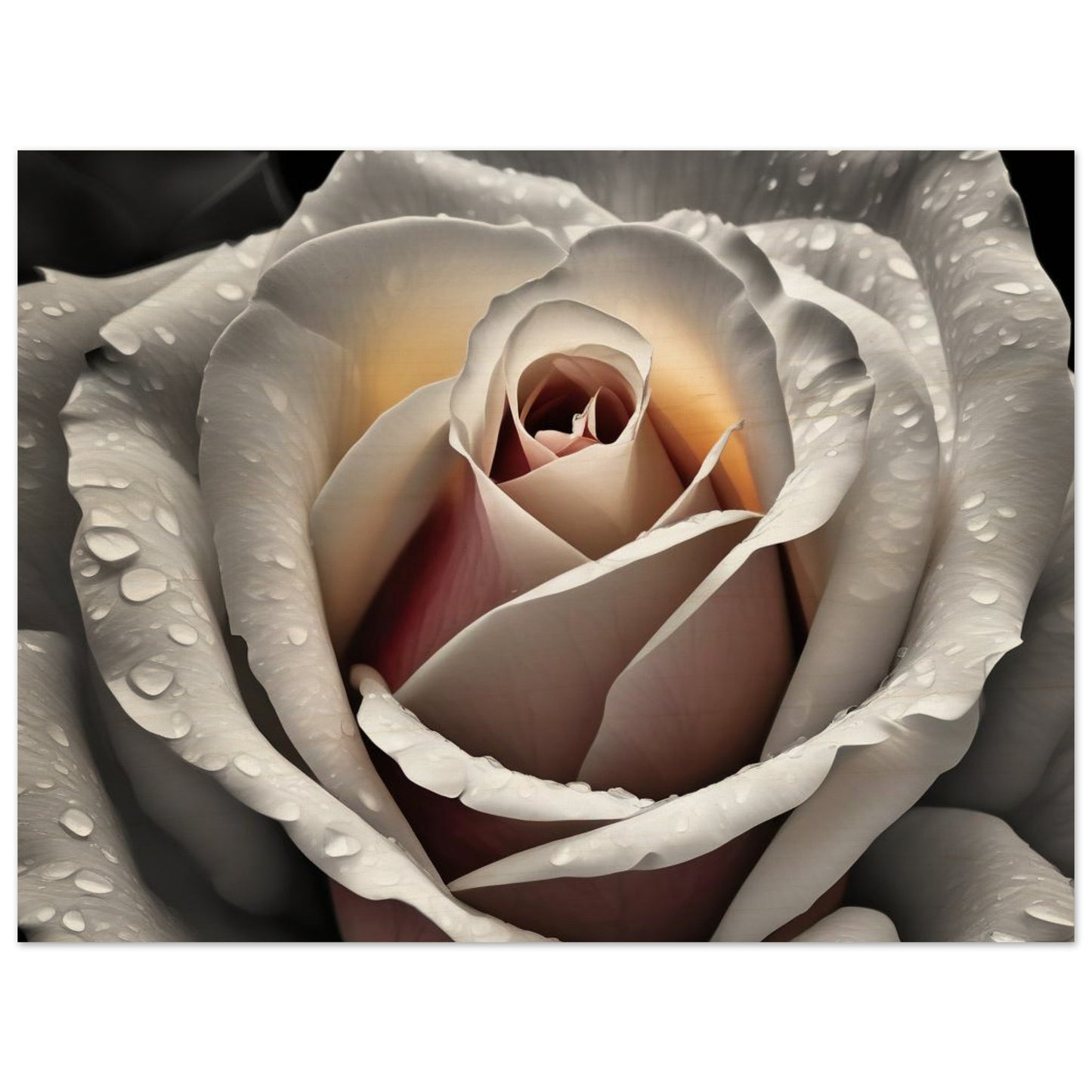 A fine art illustrationof a white rose giving a warmth and calming touch to any space. Customized size and premium wooden material.