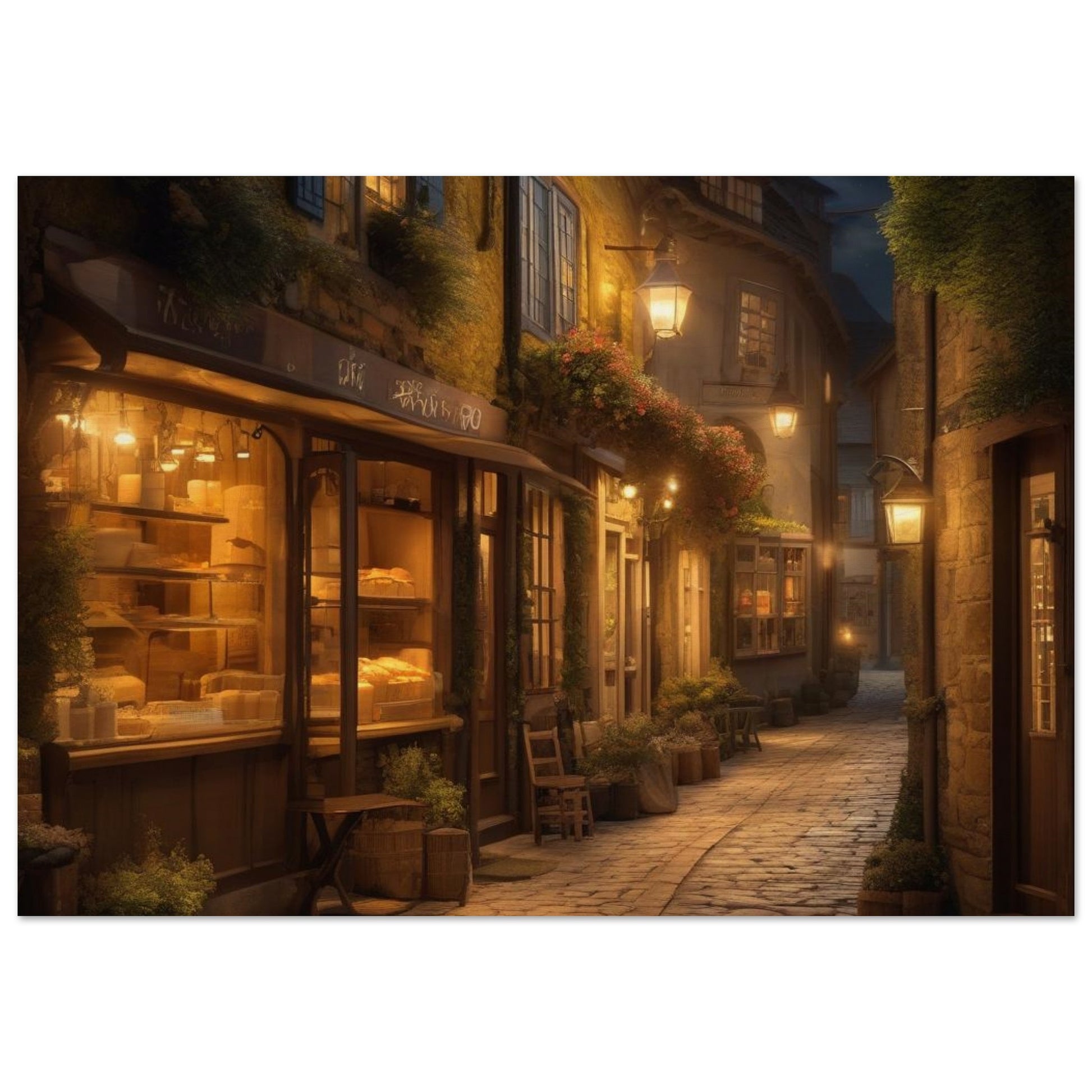 This wall fine art display a charming alley lined with cobblestone streets, warm yellow lights cast a golden glow over a quaint coffee and bakery shop, inviting you to savor the magic of a hidden town. Customized size and high-end materials.