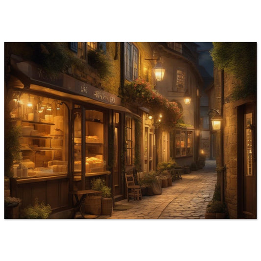 This wall fine art display a charming alley lined with cobblestone streets, warm yellow lights cast a golden glow over a quaint coffee and bakery shop, inviting you to savor the magic of a hidden town. Customized size and high-end materials.