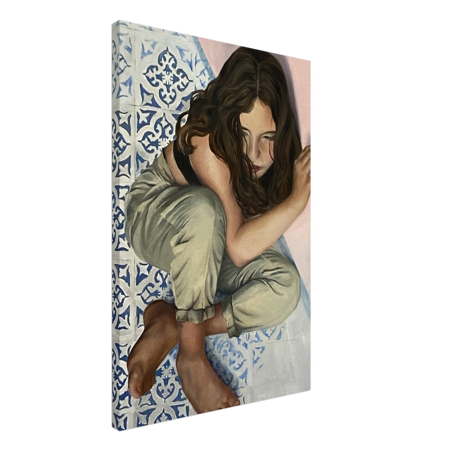 A portrait showing an exquisite depiction of youthful reflection adding a touch of warmth and inspiration. Museum-quality canvas.