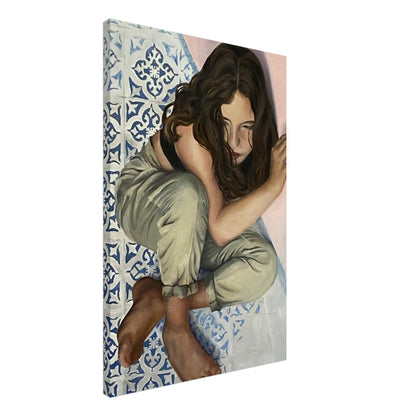 A portrait showing an exquisite depiction of youthful reflection adding a touch of warmth and inspiration. Museum-quality canvas.