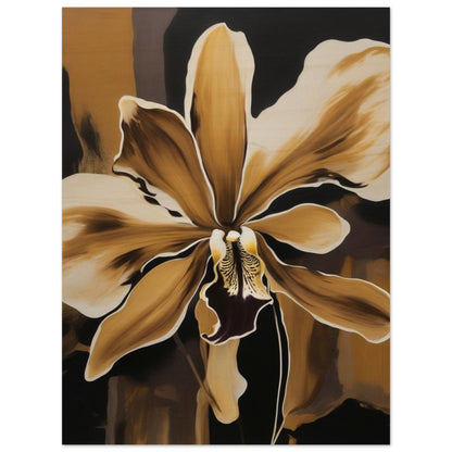 An ocher illustration of an orchid in metallic or wood printing.