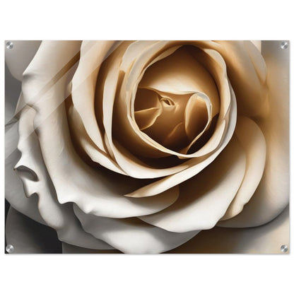 A dramatic but lovely image of a rose, in deep shadows of white and light grey, enhanced with bold light-gold details. Acrylic or Metallic